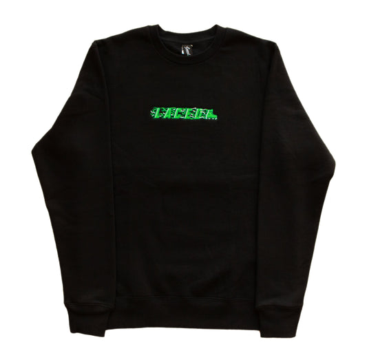 Black Crew neck Sweatshirt with "LACED" embroidered on the chest in green with flames.