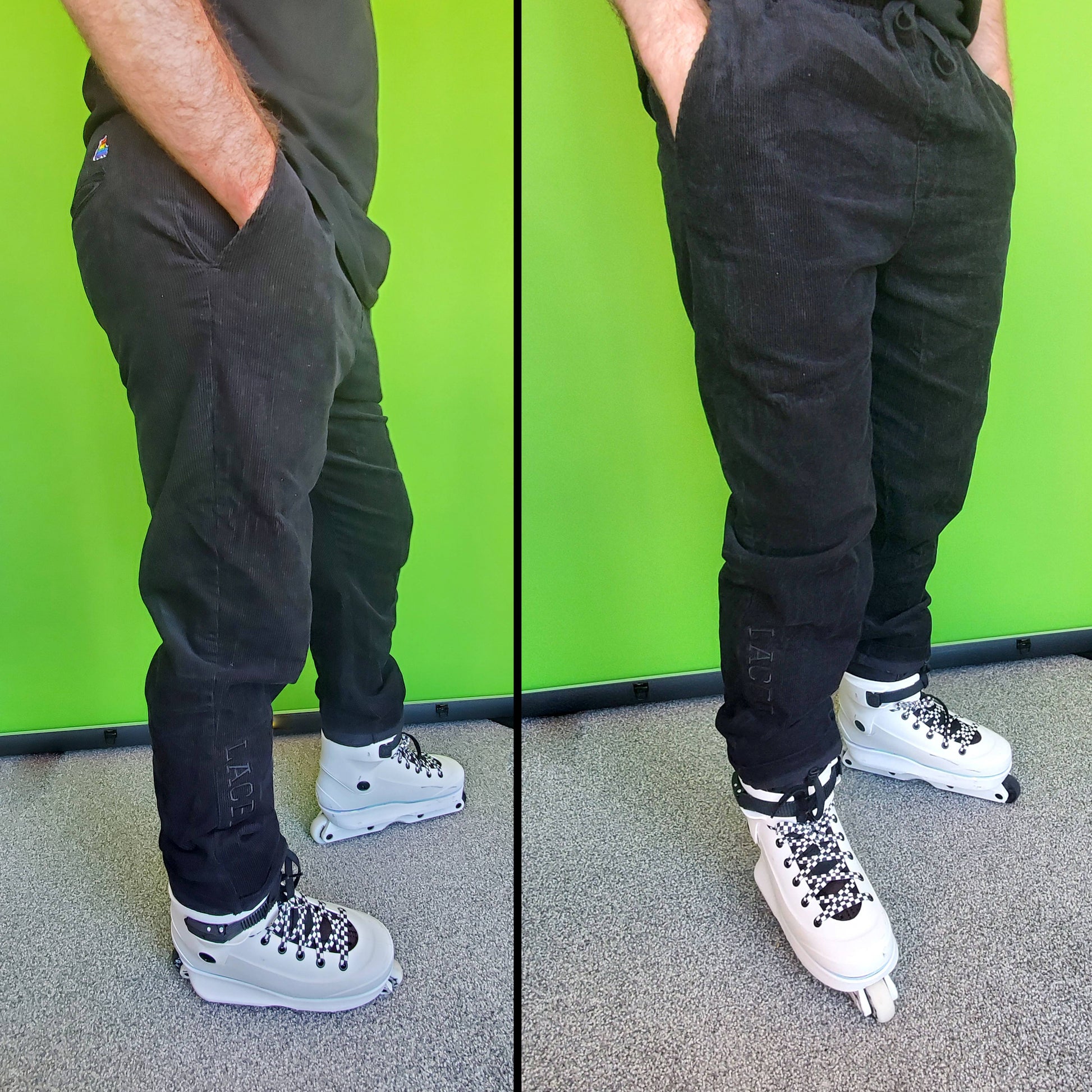 Laced Cord Pants while wearing inline skates. Standard Omni skates.
