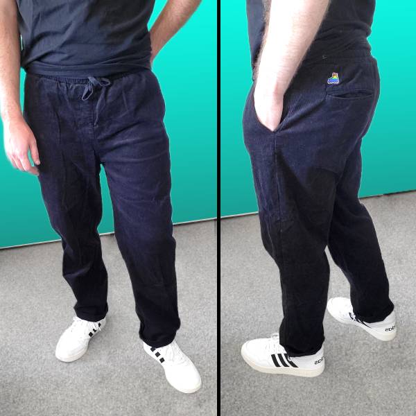 Laced Cord Pants while wearing shoes.