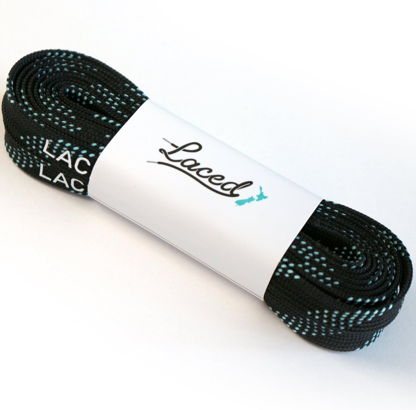 Laced Waxed Laces product photo. Black laces with mint coloured dots.