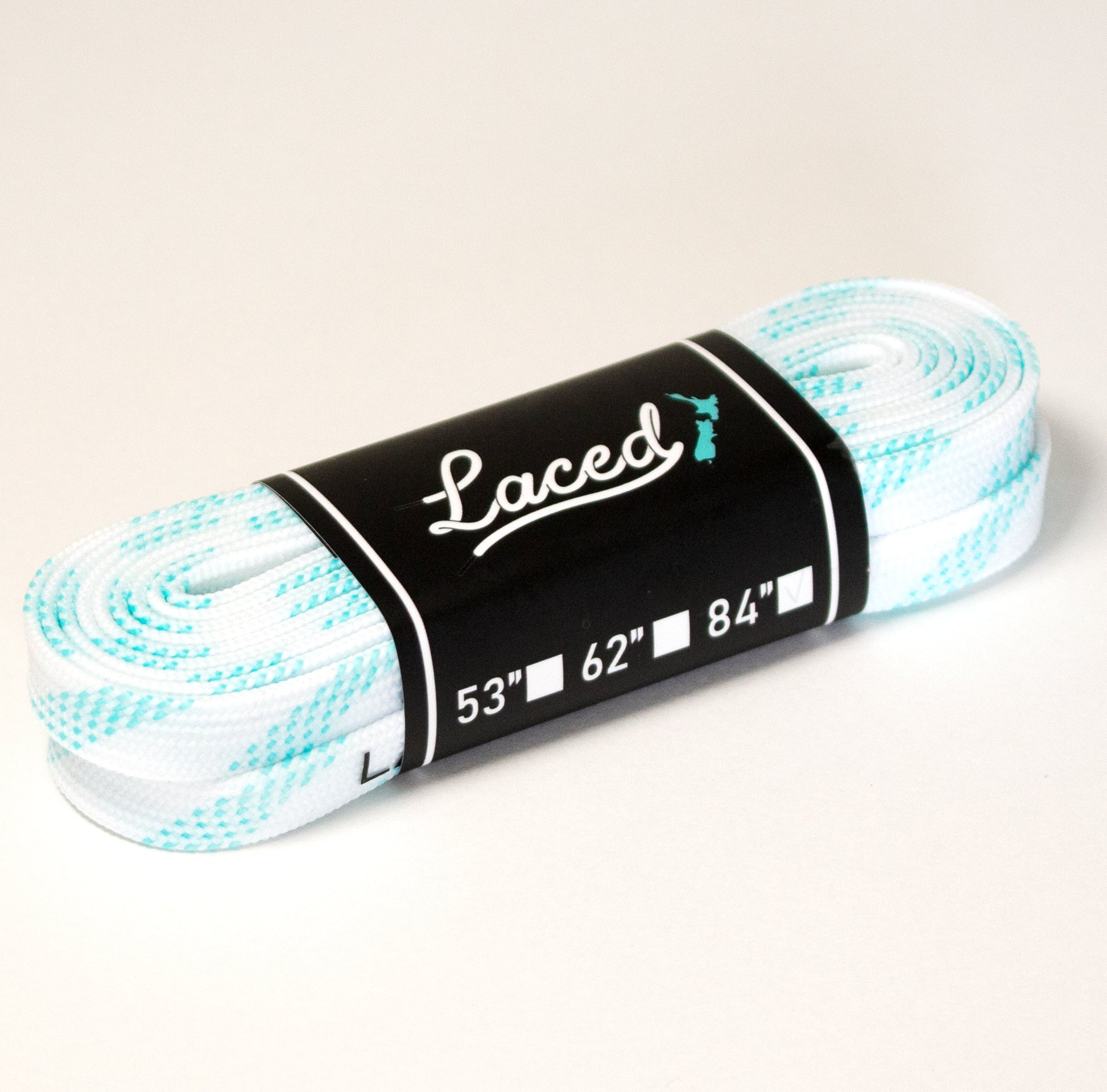 Laced Branded Waxed Hockey Laces in a white colour way with mint colour dots.