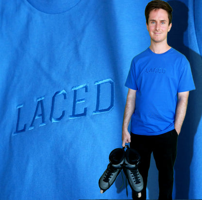 Blue tee-shirt with the word "LACED" embroidered on the chest in blue.